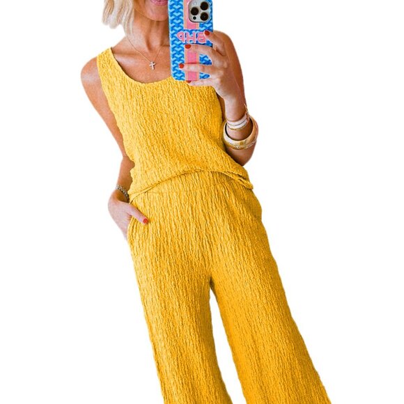 Yellow Crinkled U Neck Tank Top and Wide Leg Pants Set - Picture 7 of 15